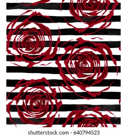beautiful seamless pattern outline of red roses on striped black and white background. design greeting card and invitation of the wedding, birthday, Valentine s Day, mother s day and other holiday,