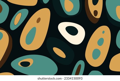 bonito patrón sin costuras con ovales en azul, marrón y negro, al estilo de tarsila do amaral, esmeralda clara y beige claro, años 60, atrevido y juguetón, bentwood, sencillo, negro claro y marrón
