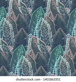 Beautiful seamless pattern with overlay emerald and pink hand drawn tropical leaves. Trendy mysterious exotic plants texture for textile, wrapping paper, surface, wallpaper, background