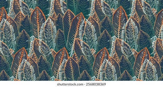 Beautiful seamless pattern with overlay shiny orange, teal green and white hand drawn tropical leaves. Magic glowing exotic plants print for textile, wrapping paper, surface, wallpaper, background