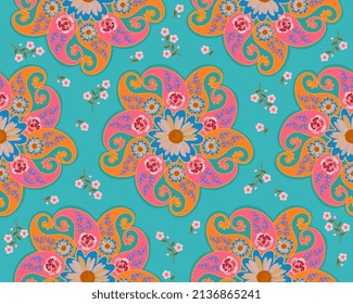 Beautiful seamless pattern with paisley and garden flowers on a bluish green background in vector. Print for fabric in ethnic style.