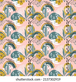 Hermoso patrón impecable con hojas de palma, flores, cactus y diferentes texturas sobre fondo rosa. Tema tropical. Ilustración vectorial para tela, papel pintado, papel envolvente.