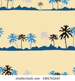 Beautiful seamless pattern with palms and beach on colorful background. Seamless vector background. Botanical vector illustration. Beautiful vector pattern. Summer tropical leaf