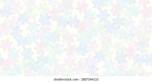 Beautiful seamless pattern with paper volumetric colored snowflake on light. Winter season symbol great for New year and Christmas party posters, headers, seasonal wallpaper, winter background. Vector