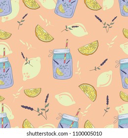 Beautiful seamless pattern in pastel colors with mason jar lavender cocktail and lemon. Perfect for summer wallpapers, backgrounds, invitations decor, textile design.