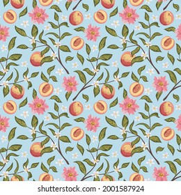 Hermoso patrón impecable con melocotón, flores y ramificación. Colorida ilustración vectorial dibujada a mano. Textura para impresión, tela, textil, papel pintado.