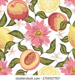 Beautiful seamless pattern with peach, lemon, flowers and leaves. Colorful hand drawn vector illustration. Texture for print, fabric, textile, wallpaper.