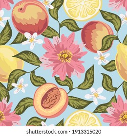 Hermoso patrón impecable con durazno, limón, flores y hojas. Colorida ilustración vectorial dibujada a mano. Textura para impresión, tela, textil, papel pintado.