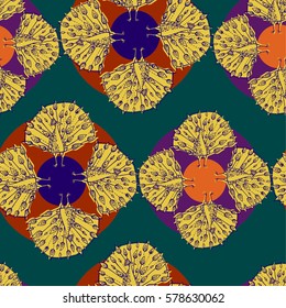 Beautiful seamless pattern Peacock . Vector illustration of bird. Peacock with a huge tail, front view.