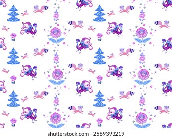 Beautiful seamless pattern with peacocks, foxes, flowers and fir trees. Fairytale design.