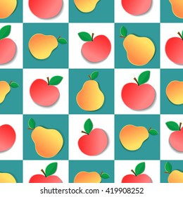 Beautiful seamless pattern with pears and apples on a chess board background.
