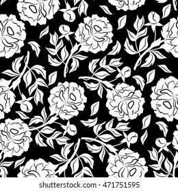 Beautiful seamless pattern with peonies in black and white style. Vector illustration.