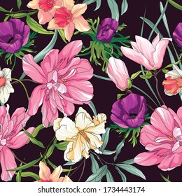 Beautiful seamless pattern with peony, iris, anemone and magnolia. Illustration with pink, white and yellow flowers.