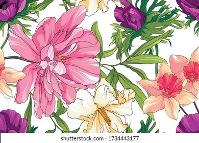 Beautiful seamless pattern with peony, iris, anemone and magnolia. Illustration with pink, white and yellow flowers.