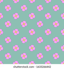 Beautiful seamless pattern of pink alyssum blossoming at night on a green background. Flat vector illustration.