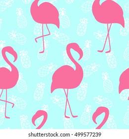 Beautiful seamless pattern with pink flamingo on mint pineapple background, trendy fashion textile print, pop art vector design. Retro 80s style