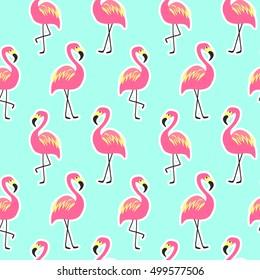 Beautiful seamless pattern with pink flamingo on mint pineapple background, trendy fashion textile print, pop art vector design. Retro 80s style