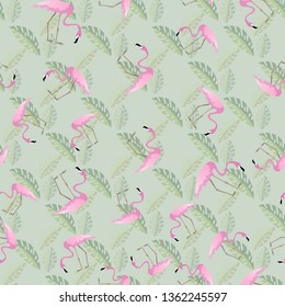 Beautiful seamless pattern of pink flamingos and bright palm leaves