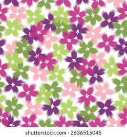 Beautiful seamless pattern of pink, green  flowers on a white background. Perfect for fabric, wallpaper, and gift wrap designs. The delicate floral arrangement adds a touch of elegance and freshnes