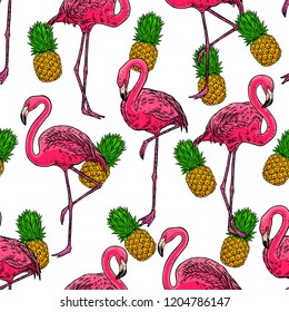 Beautiful seamless pattern of pink hand-drawn flamingos and ripe pineapples