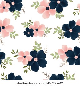 Beautiful seamless pattern with  pink and navy color flower bouquet