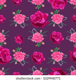 Beautiful seamless pattern with pink, roses  on a   Burgundy color background.Summer Vector illustration in the style of shabby chic.Print for book covers, textile,fabric,wrapping gift paper