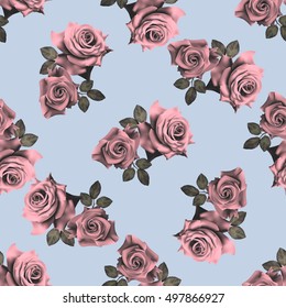 Beautiful seamless pattern with pink roses on blue background.Vector illustration.