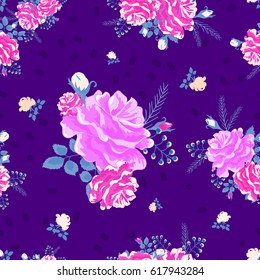 Beautiful seamless pattern with pink roses on a violet background.Summer Vector illustration in the style of shabby chic.Print for book covers, textile,fabric,wrapping gift paper