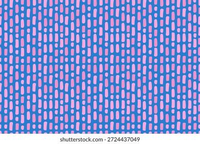 Bonito padrão sem emenda de pontos cor-de-rosa polca irregular no fundo azul. Manchas abstratas. Vetor. Para papel de parede, têxteis, embalagens, fundos ou sites. Ponto Polka.