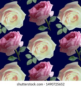 Beautiful seamless pattern with pink and white roses on blue background.Vector illustration.