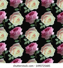 Beautiful seamless pattern with pink and white roses on black background.Vector illustration.