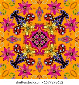 Beautiful seamless pattern with pink and yellow flowers and colorful paisley. Summer print. Bandana, scarf. Design for home textile - pillowcase, napkin, doily.