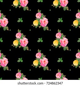 Beautiful seamless pattern with pink and yellow roses  on a dark  blue background.Summer Vector illustration.Print for book covers, textile,fabric,wrapping gift paper