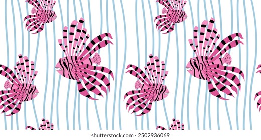 Beautiful seamless pattern: pink zebra fish and vertical stripes. Vector illustration for fabric.
