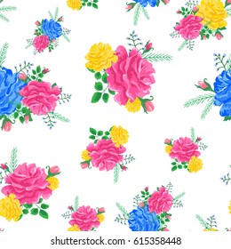 Beautiful seamless pattern with pink,blue and yellow roses  on a white background.Vector illustration in the style of shabby chic.Print for book covers, textile,fabric,wrapping gift paper
