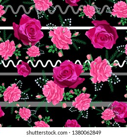 Beautiful seamless pattern with pink,red roses on a black striped background.Summer Vector illustration.Print for book covers, textile,fabric,wrapping gift paper
