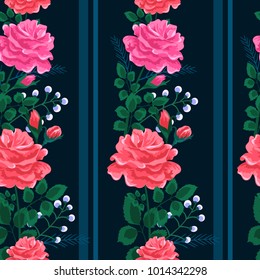 Beautiful seamless pattern with pink,red and yellow roses  on a  dark background. Summer Vector illustration .Print for book covers, textile,fabric,wrapping gift paper.