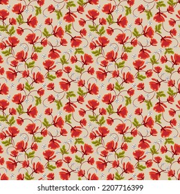 Hermoso patrón sin costura con plantas similares a peones, claveles, pétalos de amapola. Rojo, naranja, verde, beige, blanco y marrón.  Ilustración vectorial. Textil moderno, marca, embalaje