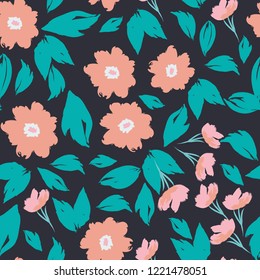Beautiful Seamless Pattern Print with Flowers and Leaves on Black Background. Colorful design for fabric, wallpaper, gift paper, blog,web ,invitation.