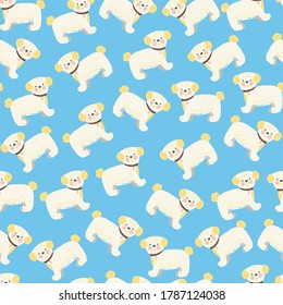Beautiful seamless pattern puppies on a blue background. print with Bichon Frize breed. Background with curly cute dog. Vector illustration, hand-drawn