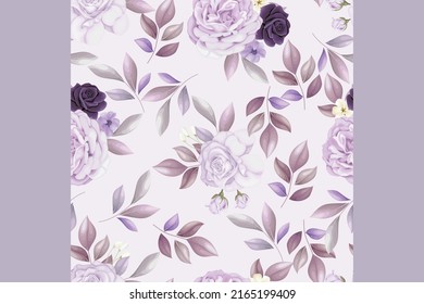  Schöne, nahtlose Muster schöne violette Blume und Blätter Premium Vektor