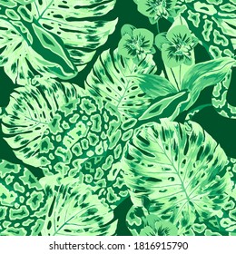 Beautiful seamless pattern with python and tropical leaves. Beautiful allover print with hand drawn exotic plants and snake. Swimwear botanical design. Vector.