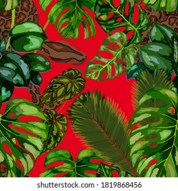 Beautiful seamless pattern with python and tropical leaves. Beautiful allover print with hand drawn exotic plants and snake. Swimwear botanical design. Vector.