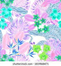 Beautiful seamless pattern with python and tropical leaves. Beautiful allover print with hand drawn exotic plants and snake. Swimwear botanical design. Vector.