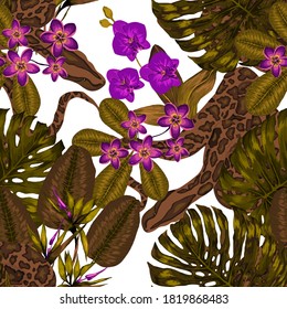 Beautiful seamless pattern with python and tropical leaves. Beautiful allover print with hand drawn exotic plants and snake. Swimwear botanical design. Vector.