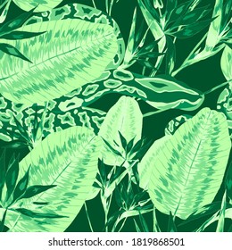 Beautiful seamless pattern with python and tropical leaves. Beautiful allover print with hand drawn exotic plants and snake. Swimwear botanical design. Vector.