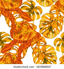 Beautiful seamless pattern with python and tropical leaves. Beautiful allover print with hand drawn exotic plants and snake. Swimwear botanical design. Vector.