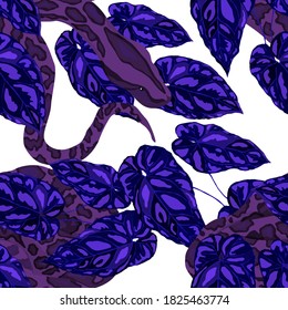 Beautiful seamless pattern with python and tropical leaves. Beautiful allover print with hand drawn exotic plants and snake. Swimwear botanical design. Vector.