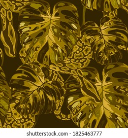 Beautiful seamless pattern with python and tropical leaves. Beautiful allover print with hand drawn exotic plants and snake. Swimwear botanical design. Vector.