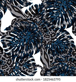 Beautiful seamless pattern with python and tropical leaves. Beautiful allover print with hand drawn exotic plants and snake. Swimwear botanical design. Vector.